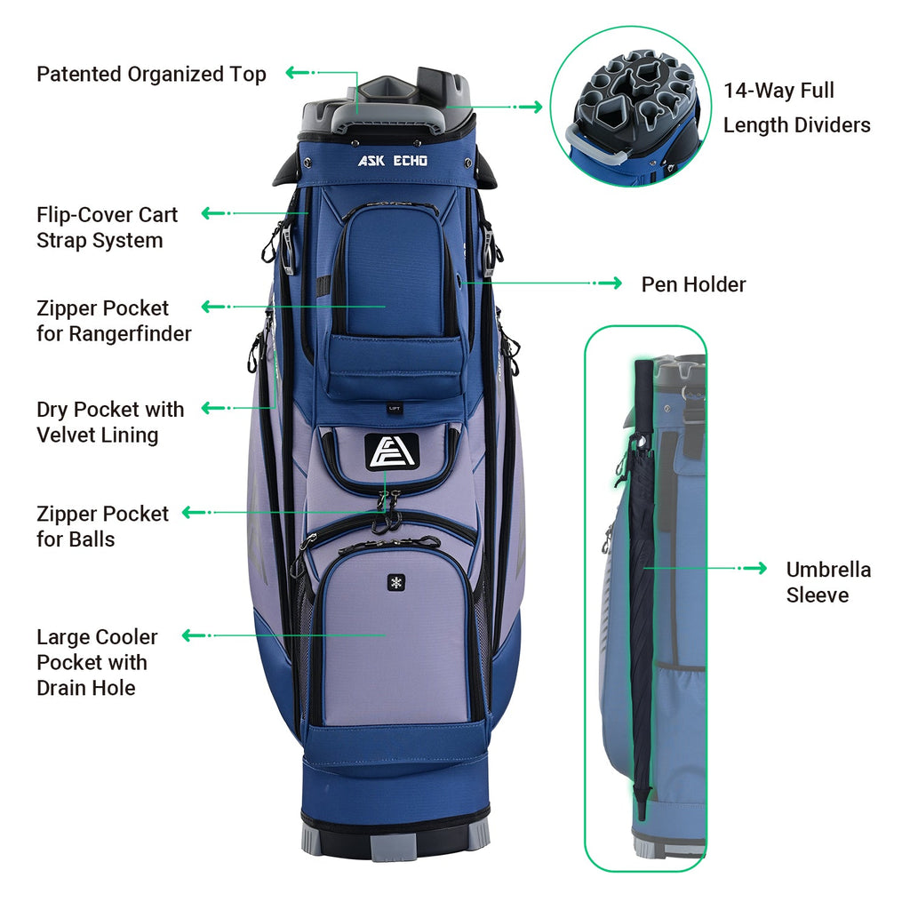 Ask Echo 2024 T-LOCK 14 Way Organizer Dividers Golf Soundless Cart Bag / NavyGrey