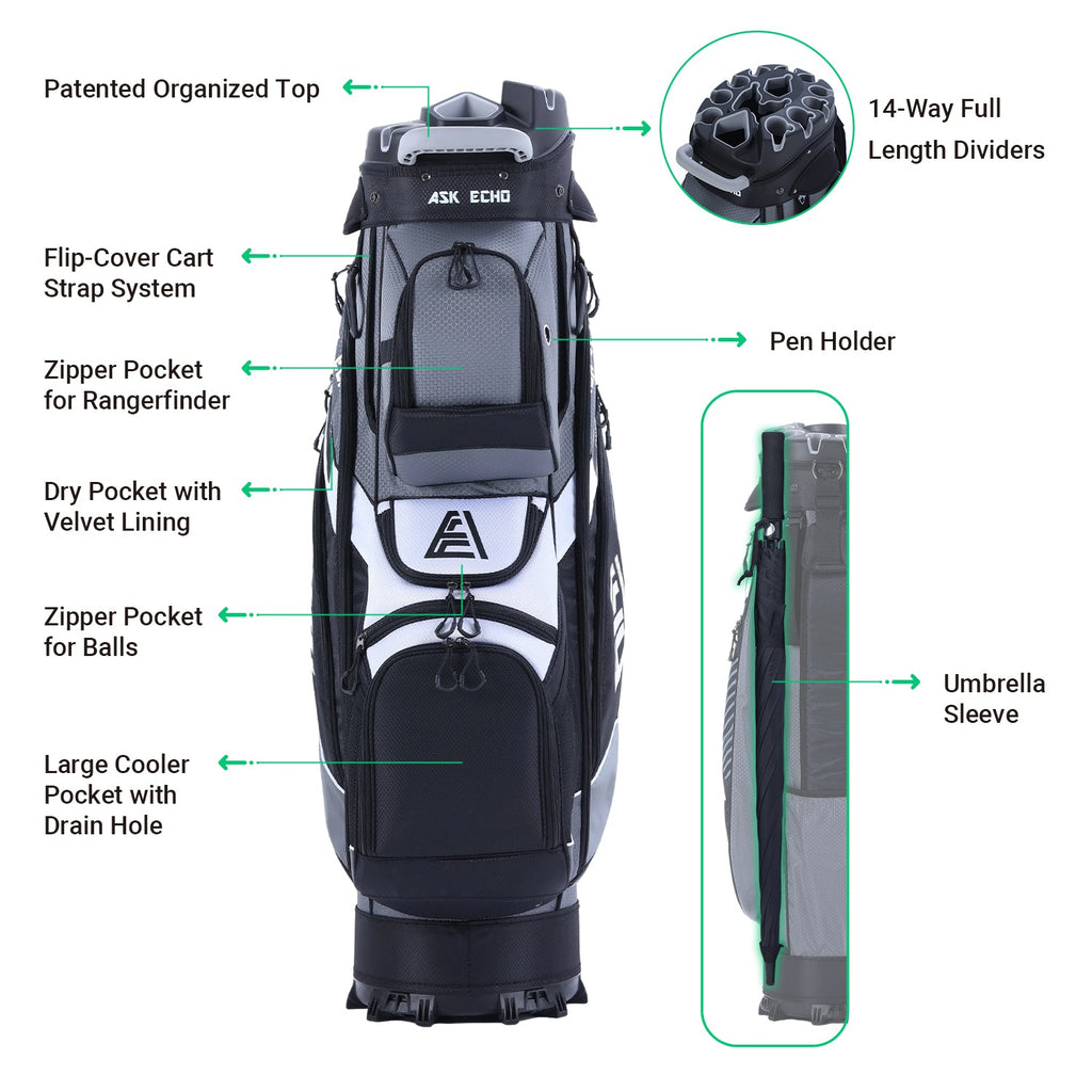 Ask Echo T-LOCK 2.0 14 Way Organizer Dividers Golf Soundless Cart Bag / Grey