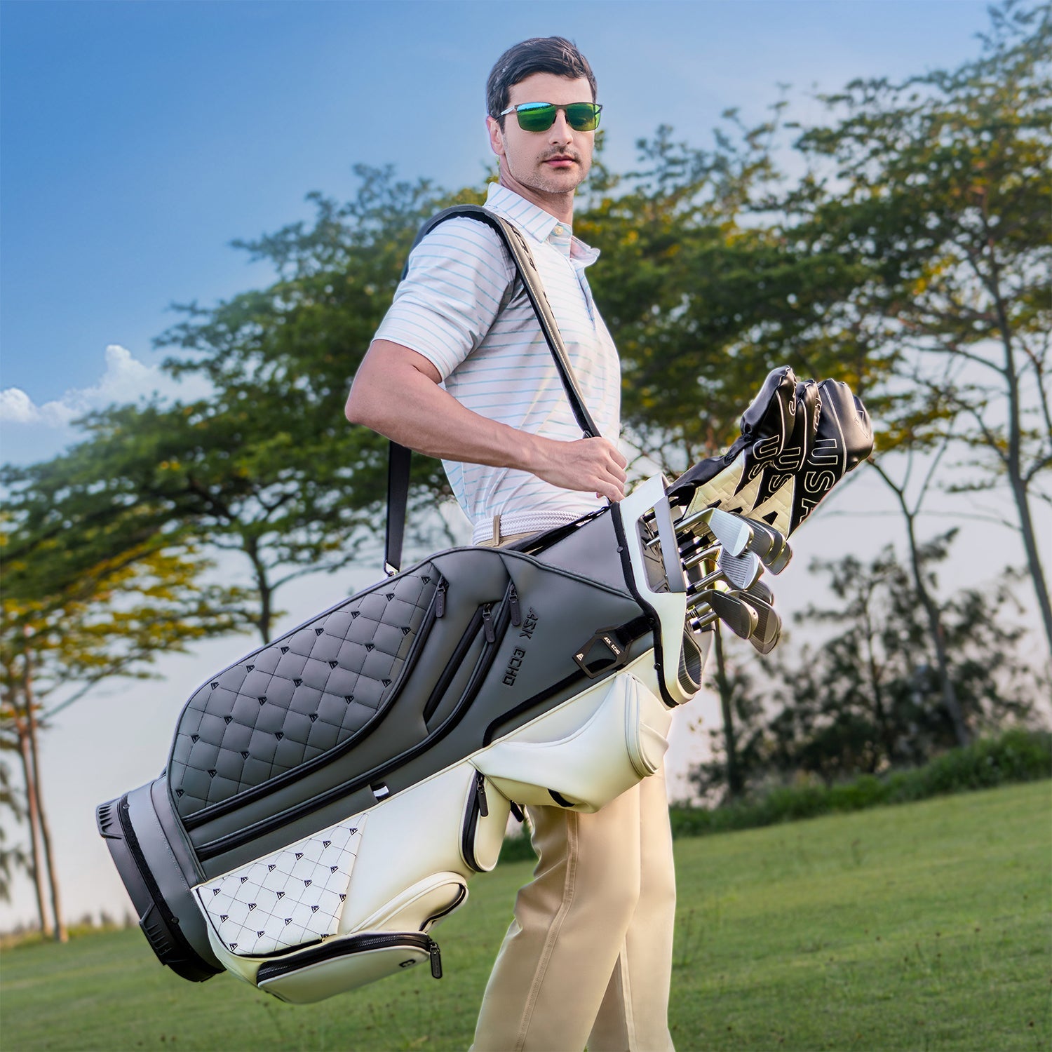 Ask Echo 2025 SLC-130LE Luxury 15 Way Full Length Dividers Golf Quiet Synthetic Leather Cart Bag / GreyWhite
